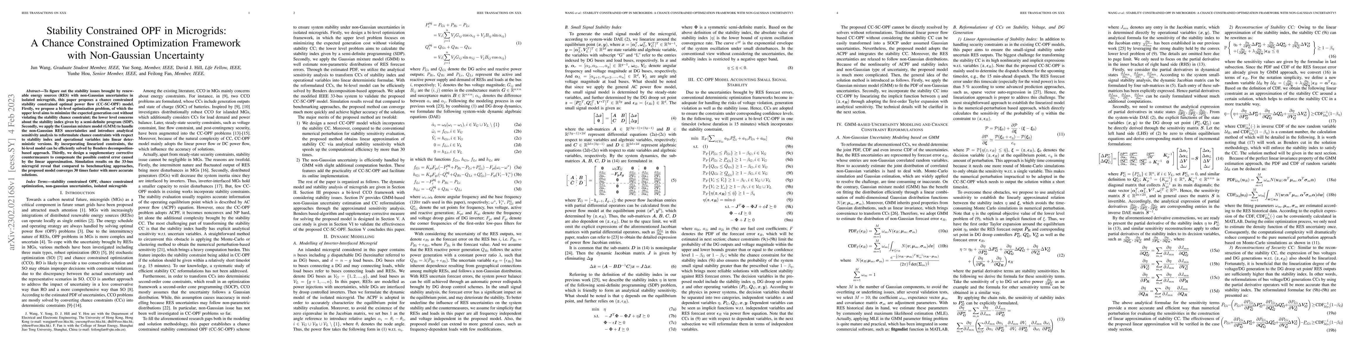 Thumbnail for Stability Constrained OPF in Microgrids: A Chance Constrained
  Optimization Framework with Non-Gaussian Uncertainty