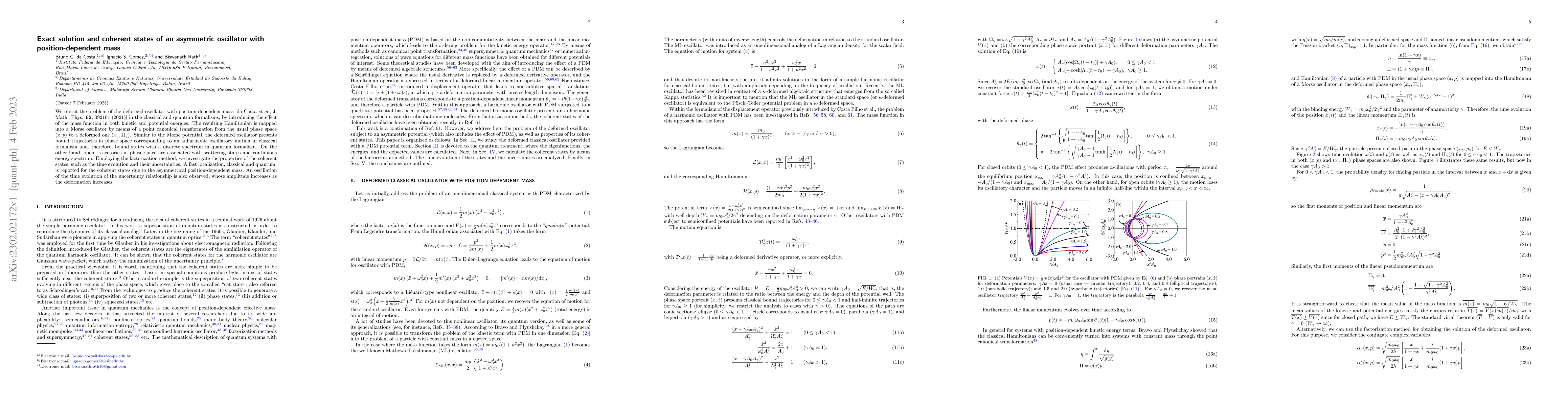 Thumbnail for Exact solution and coherent states of an asymmetric oscillator with
  position-dependent mass