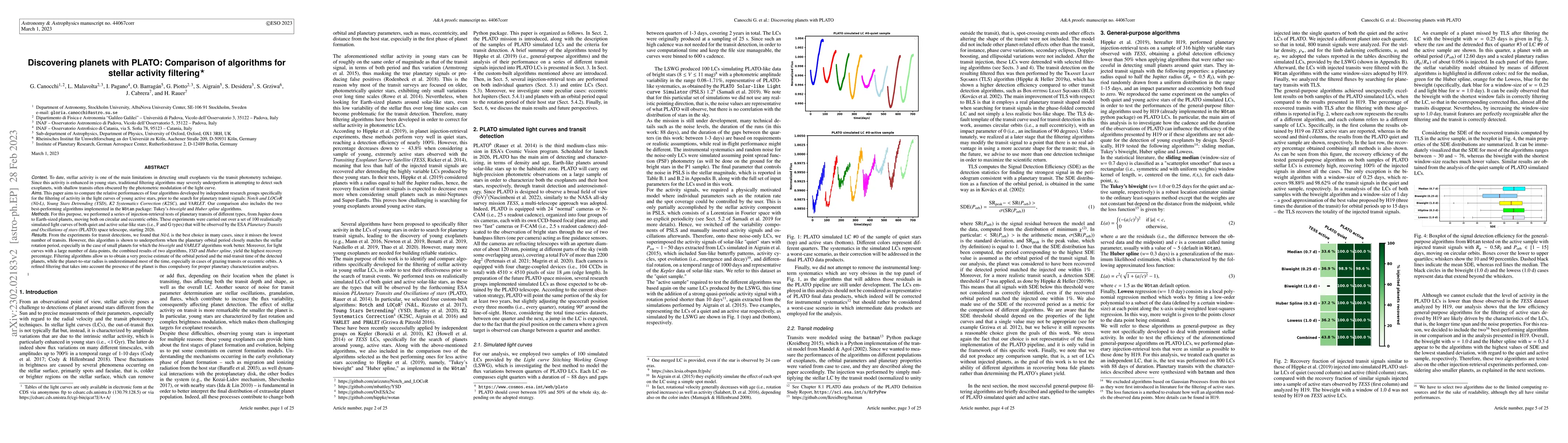 Thumbnail for Discovering planets with PLATO: Comparison of algorithms for stellar
  activity filtering