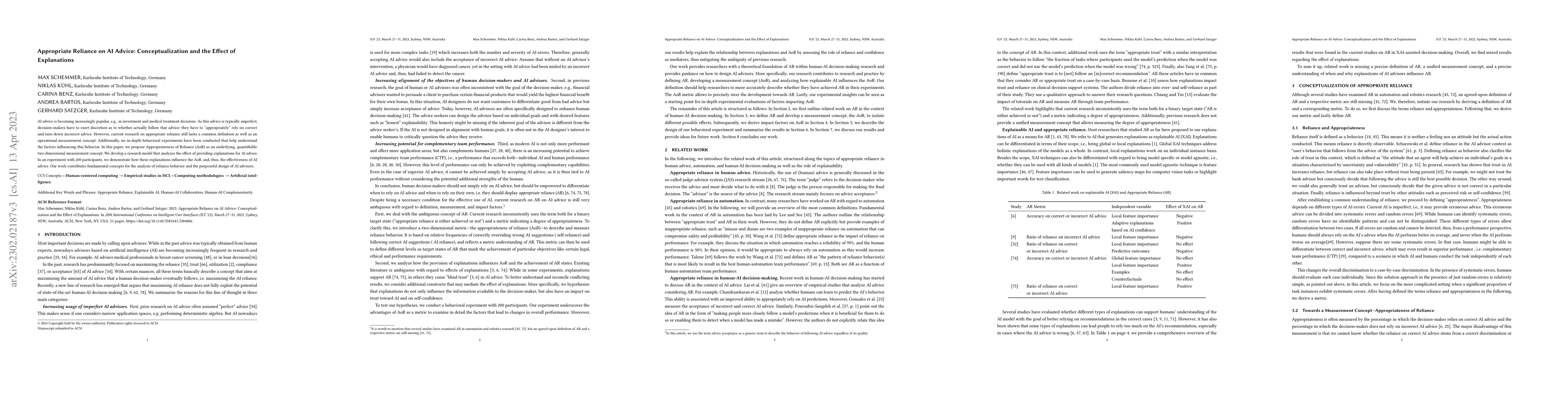 Thumbnail for Appropriate Reliance on AI Advice: Conceptualization and the Effect of
  Explanations
