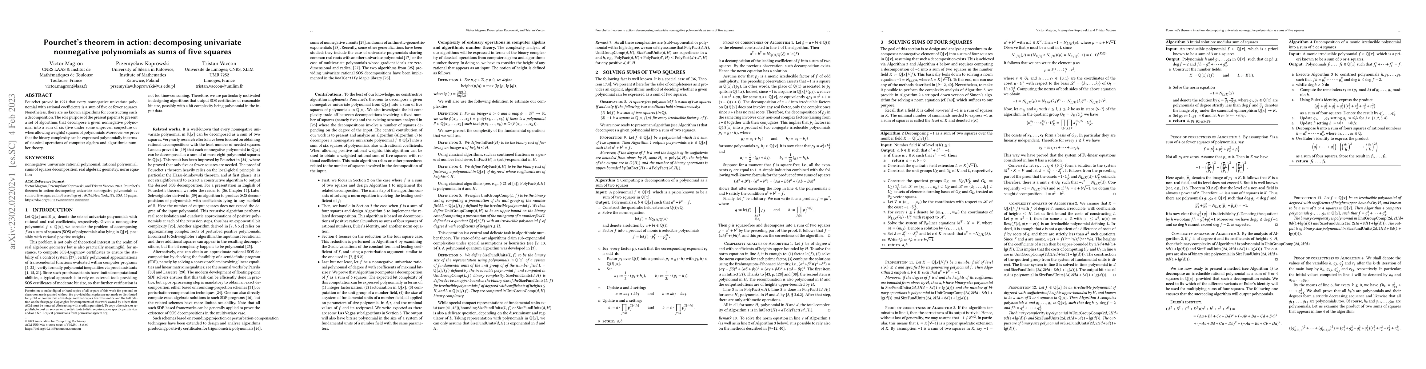 Thumbnail for Pourchet's theorem in action: decomposing univariate nonnegative
  polynomials as sums of five squares