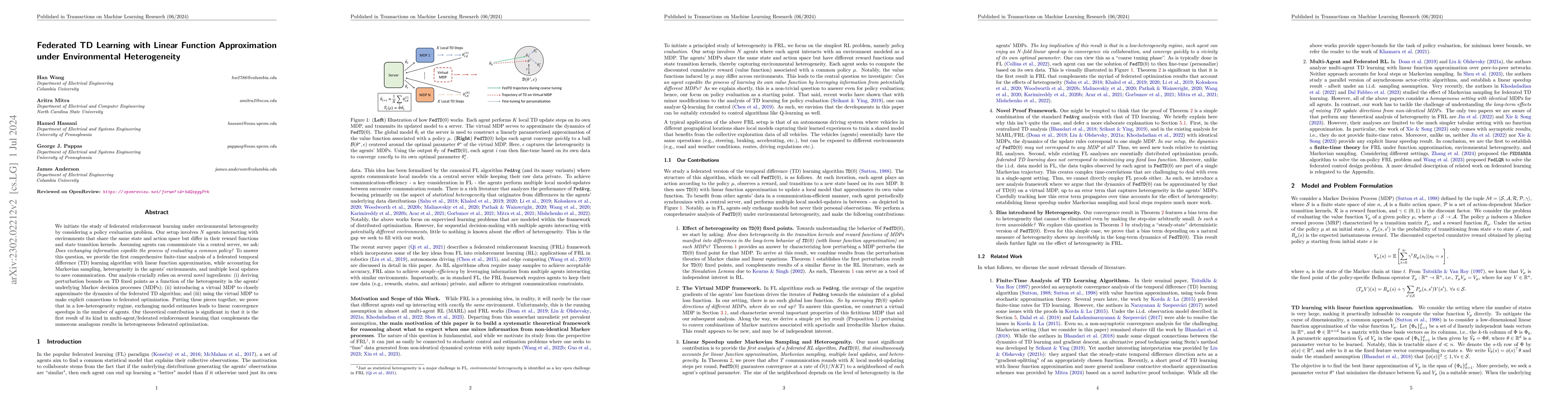 Thumbnail for Federated Temporal Difference Learning with Linear Function
  Approximation under Environmental Heterogeneity