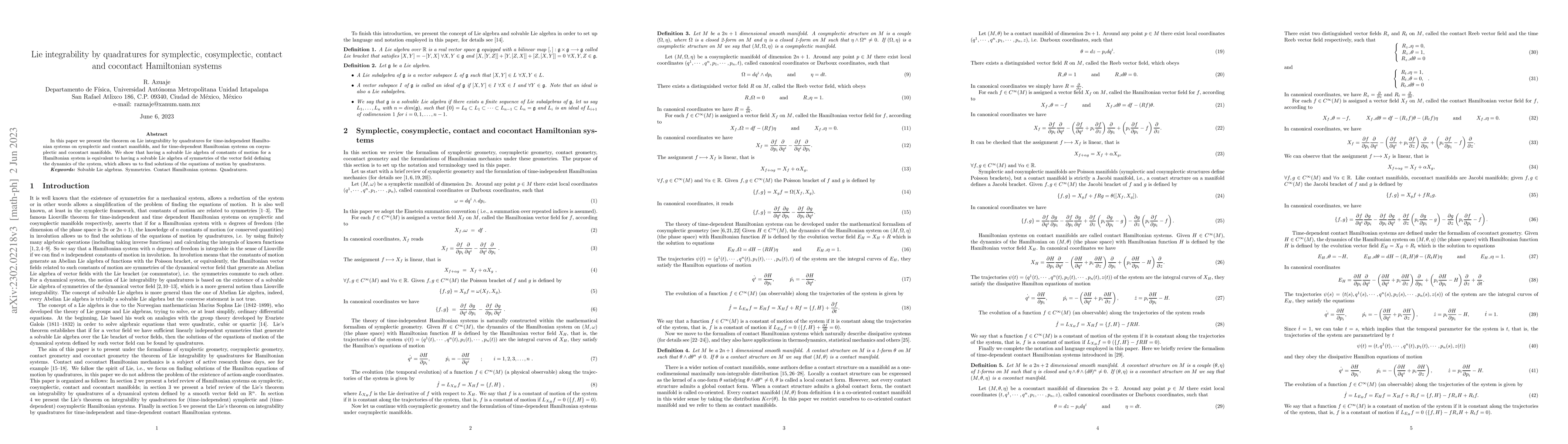 Thumbnail for Lie integrability by quadratures for symplectic, cosymplectic, contact
  and cocontact Hamiltonian systems