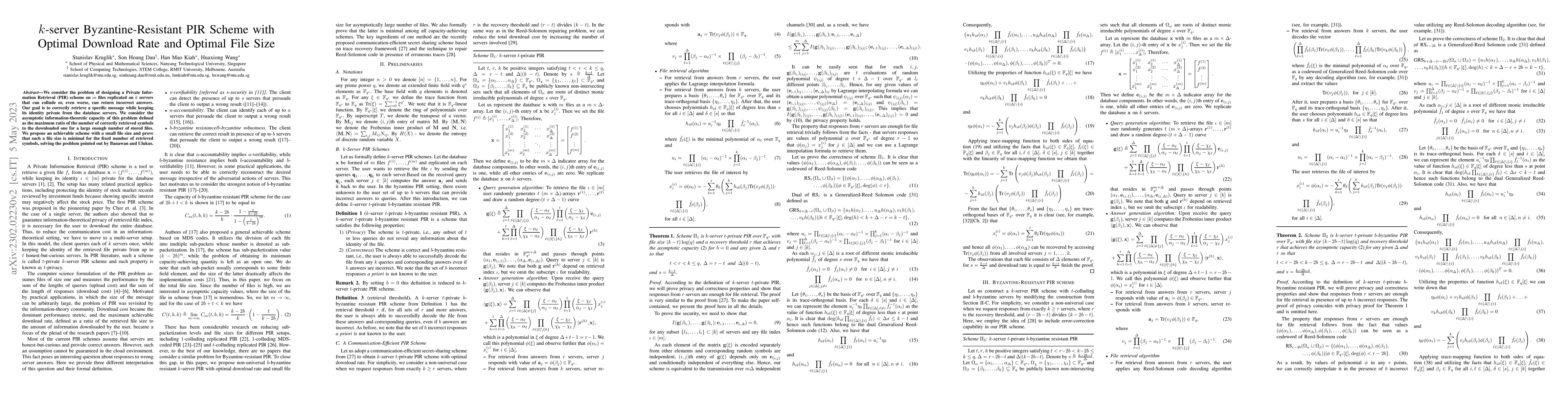 Thumbnail for $k$-server Byzantine-Resistant PIR Scheme with Optimal Download Rate and
  Optimal File Size