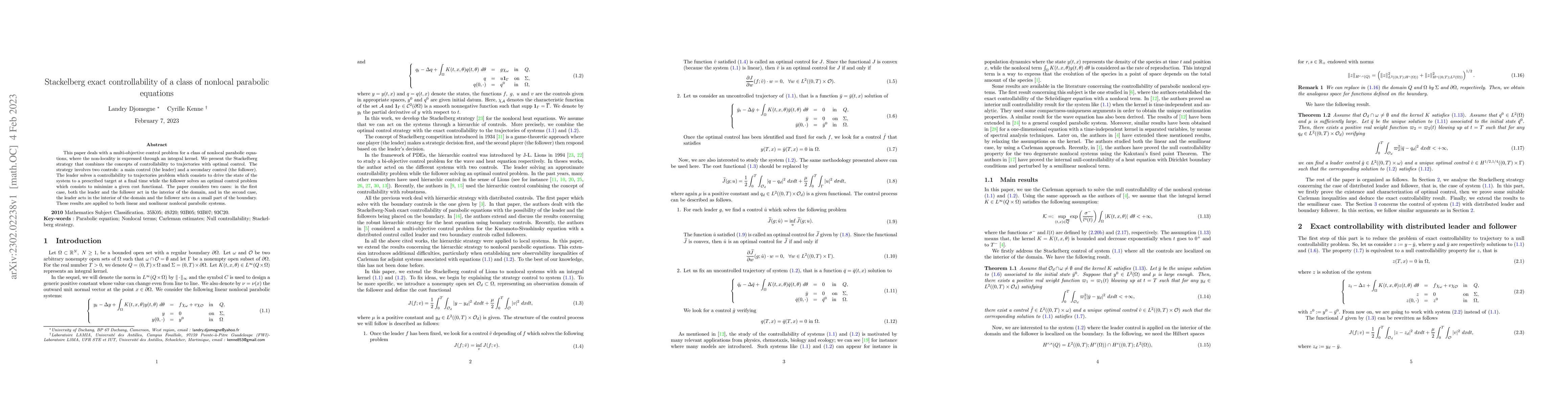 Thumbnail for Stackelberg exact controllability of a class of nonlocal parabolic
  equations