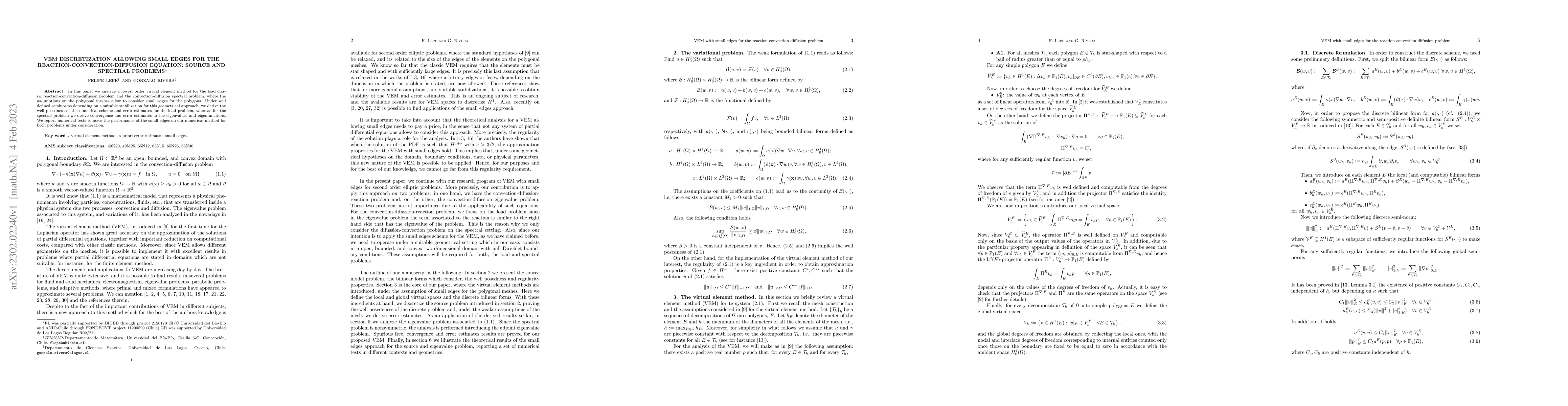 Thumbnail for VEM discretization allowing small edges for the
  reaction-convection-diffusion equation: source and spectral problems
