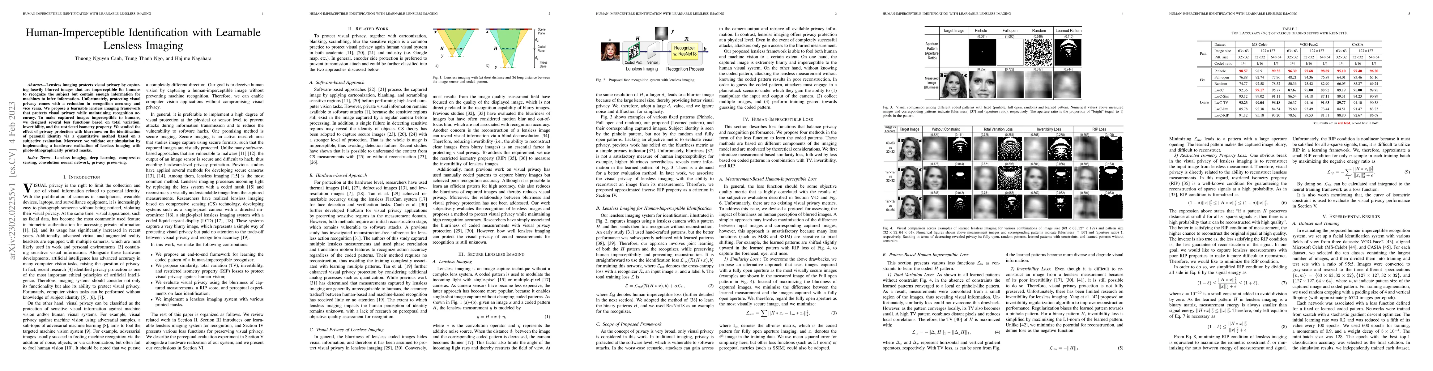 Thumbnail for Human-Imperceptible Identification with Learnable Lensless Imaging