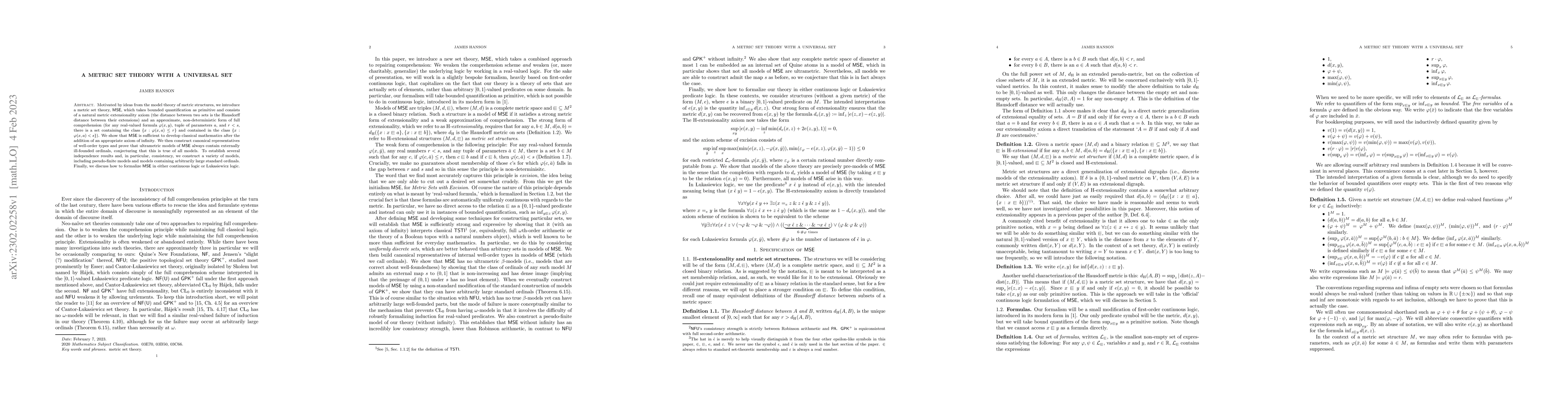 Thumbnail for A metric set theory with a universal set