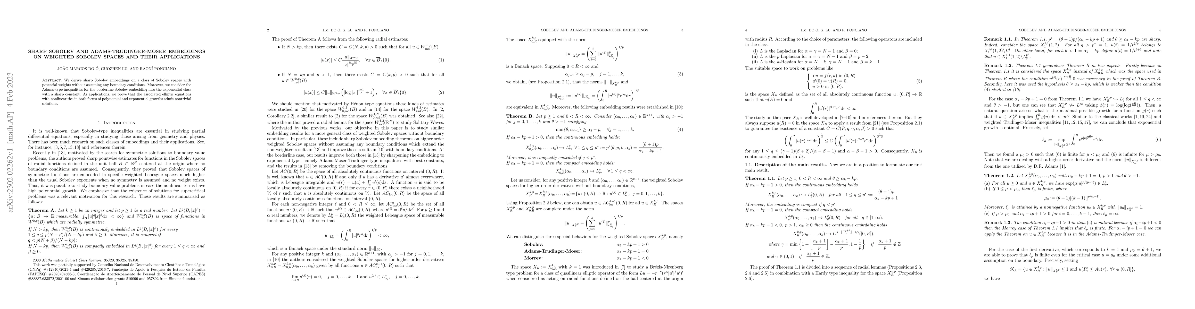 Thumbnail for Sharp Sobolev and Adams-Trudinger-Moser embeddings on weighted Sobolev
  spaces and their applications
