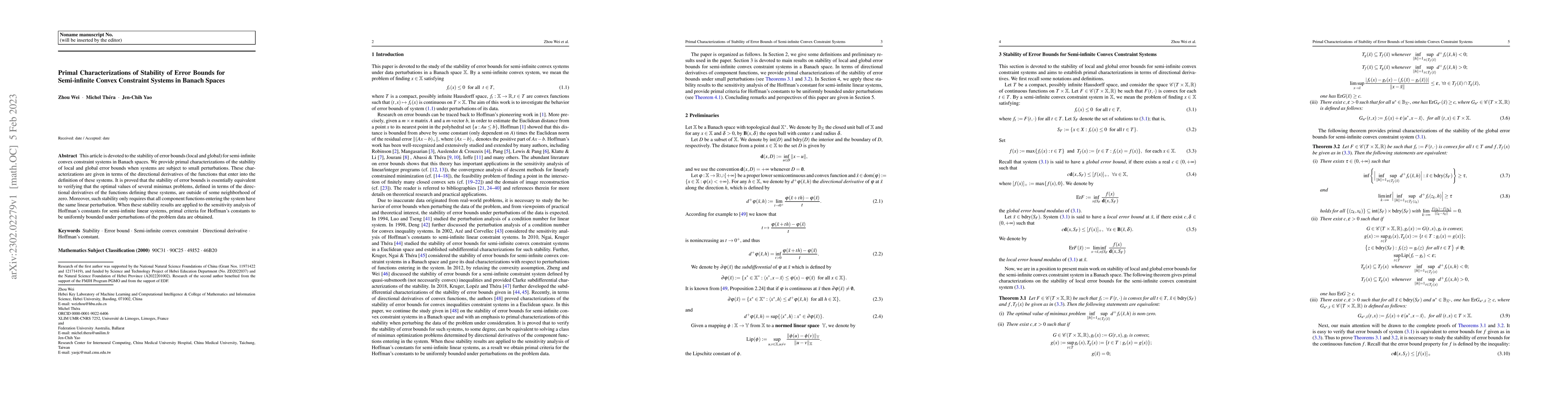 Thumbnail for Primal Characterizations of Stability of Error Bounds for Semi-infinite
  Convex Constraint Systems in Banach Spaces