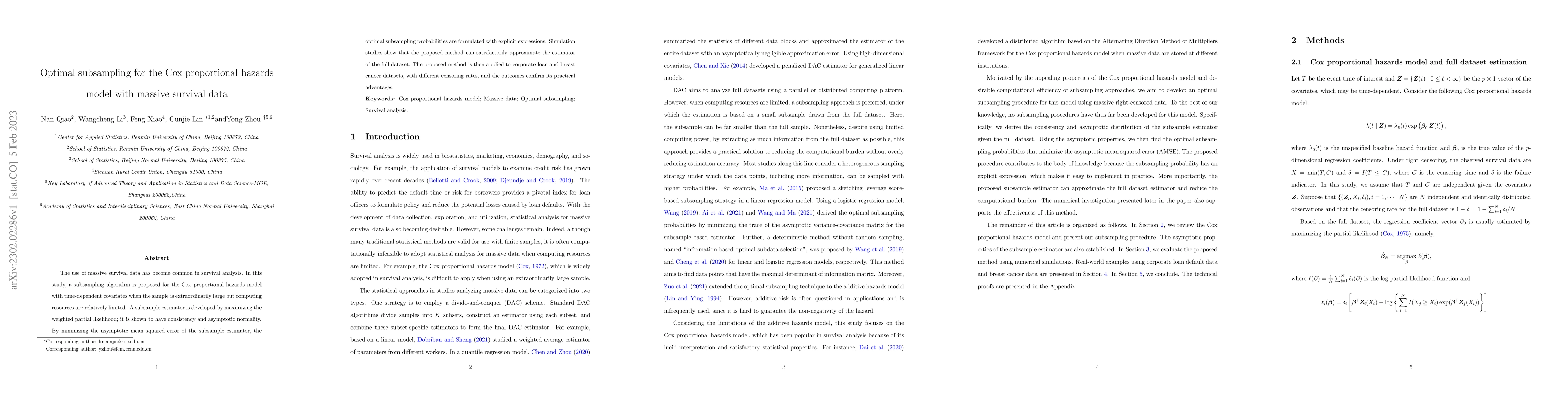 Thumbnail for Optimal subsampling for the Cox proportional hazards model with massive
  survival data