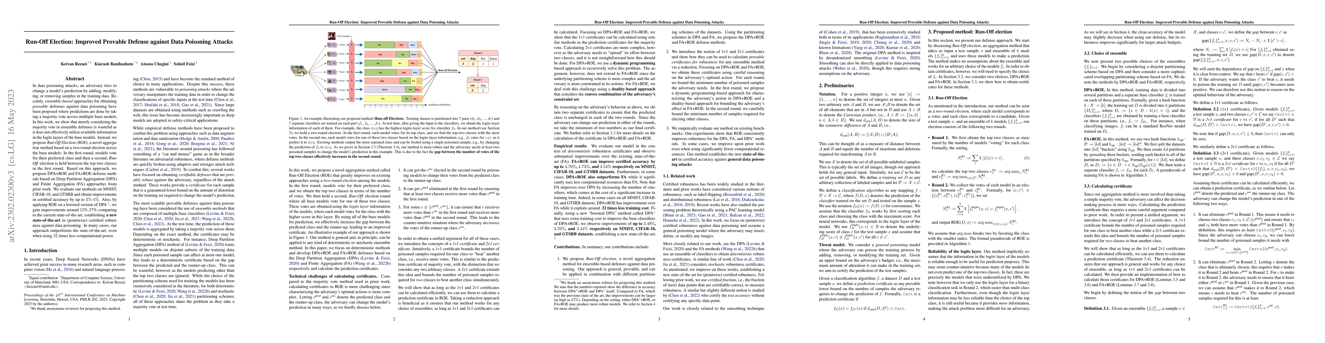 Thumbnail for Run-Off Election: Improved Provable Defense against Data Poisoning
  Attacks