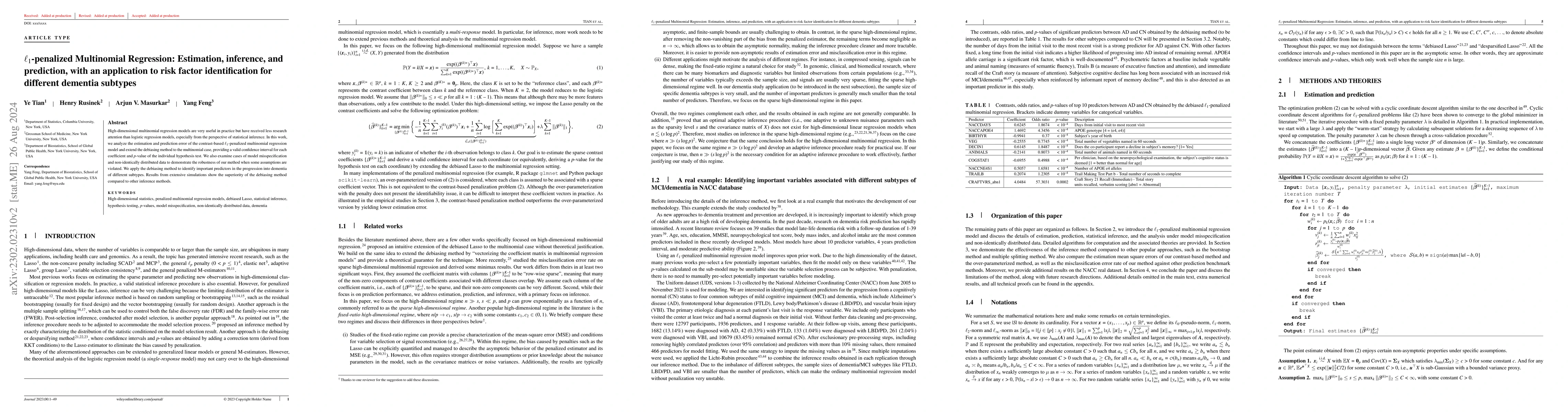 Thumbnail for $\ell_1$-penalized Multinomial Regression: Estimation, inference, and
  prediction, with an application to risk factor identification for different
  dementia subtypes