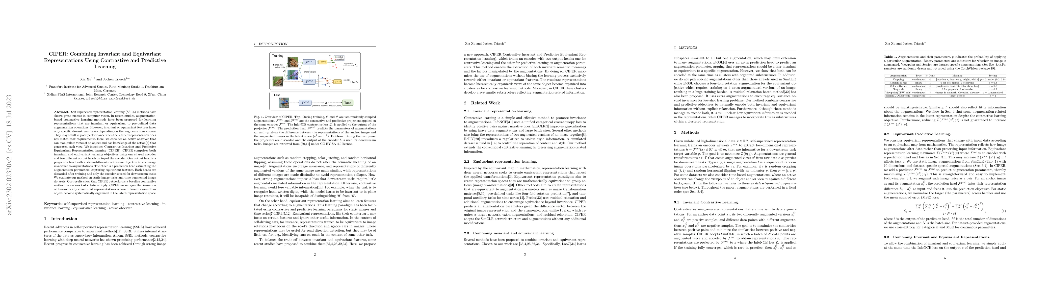 Thumbnail for CIPER: Combining Invariant and Equivariant Representations Using
  Contrastive and Predictive Learning