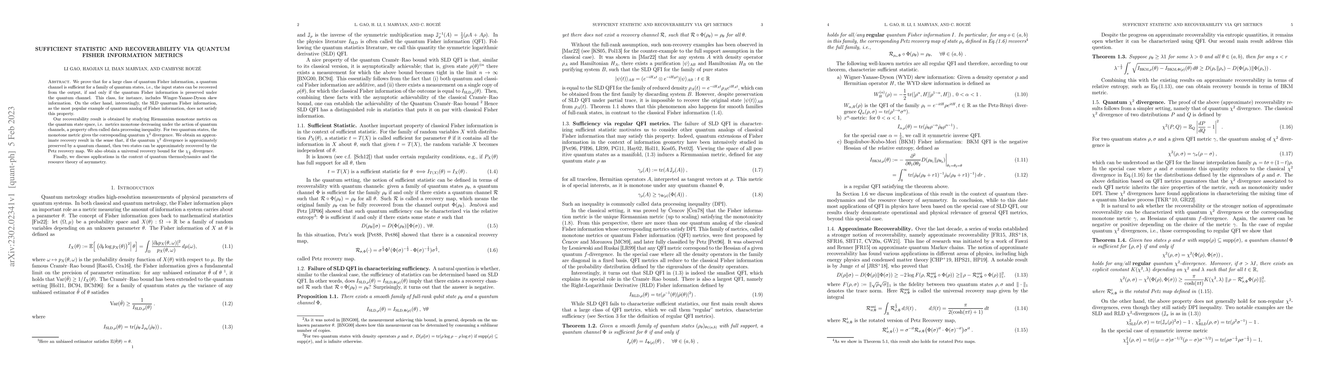Thumbnail for Sufficient statistic and recoverability via Quantum Fisher Information
  metrics