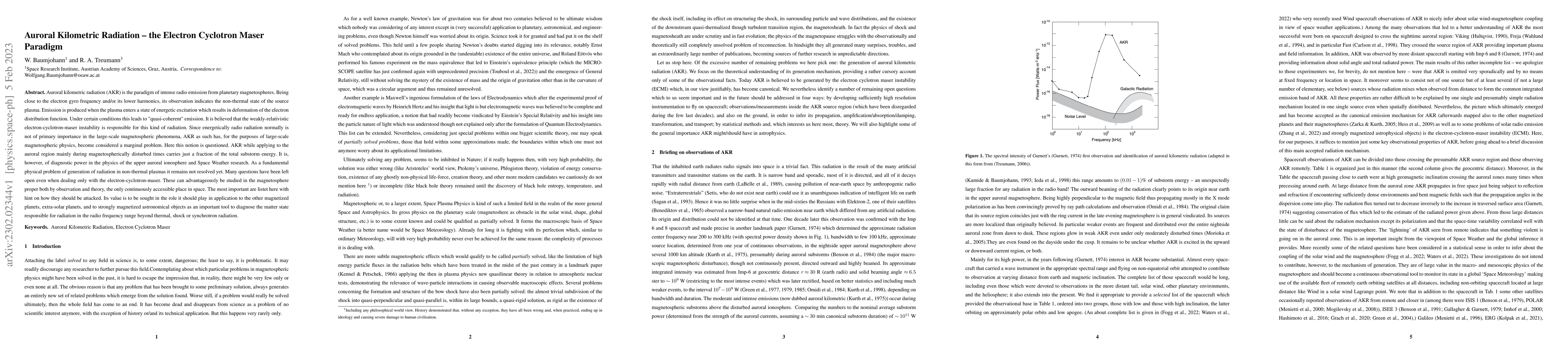 Thumbnail for Auroral Kilometric Radiation -- the Electron Cyclotron Maser Paradigm