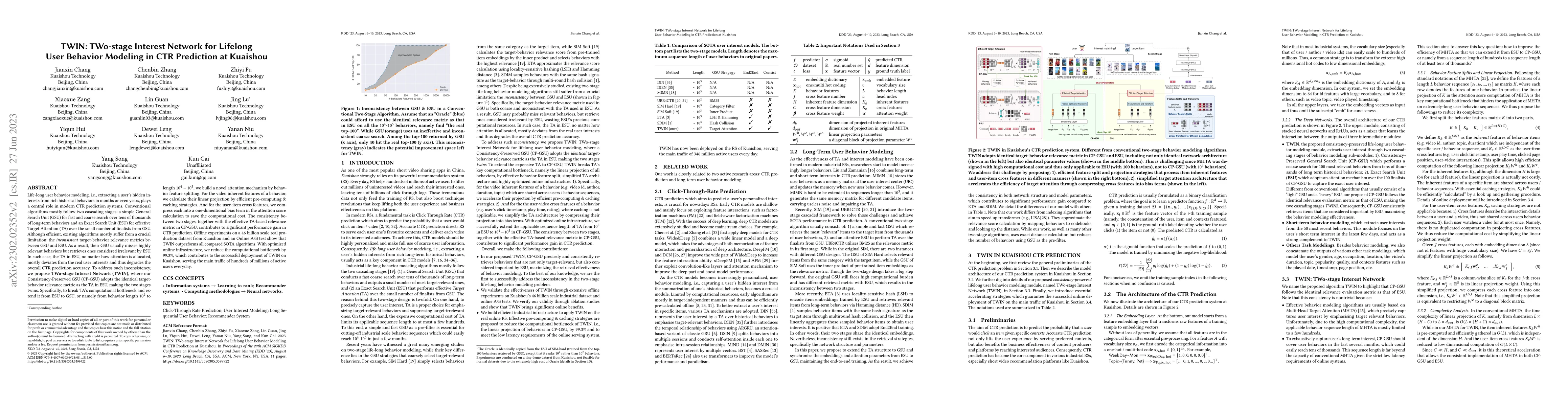 Thumbnail for TWIN: TWo-stage Interest Network for Lifelong User Behavior Modeling in
  CTR Prediction at Kuaishou