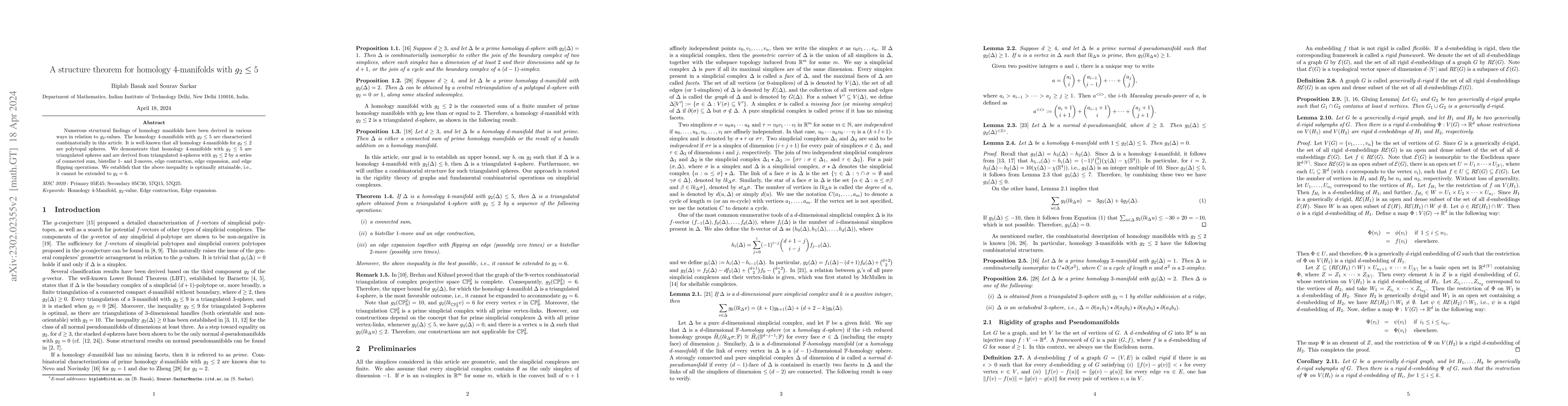 Thumbnail for A structure theorem for homology 4-manifolds with $g_2\leq 5$