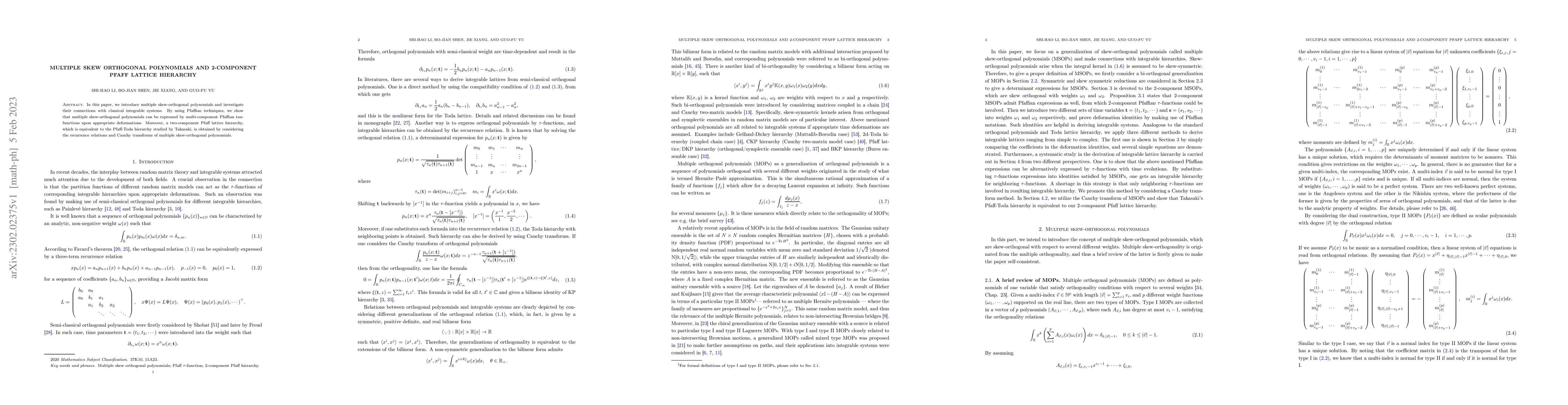 Thumbnail for Multiple skew orthogonal polynomials and 2-component Pfaff lattice
  hierarchy