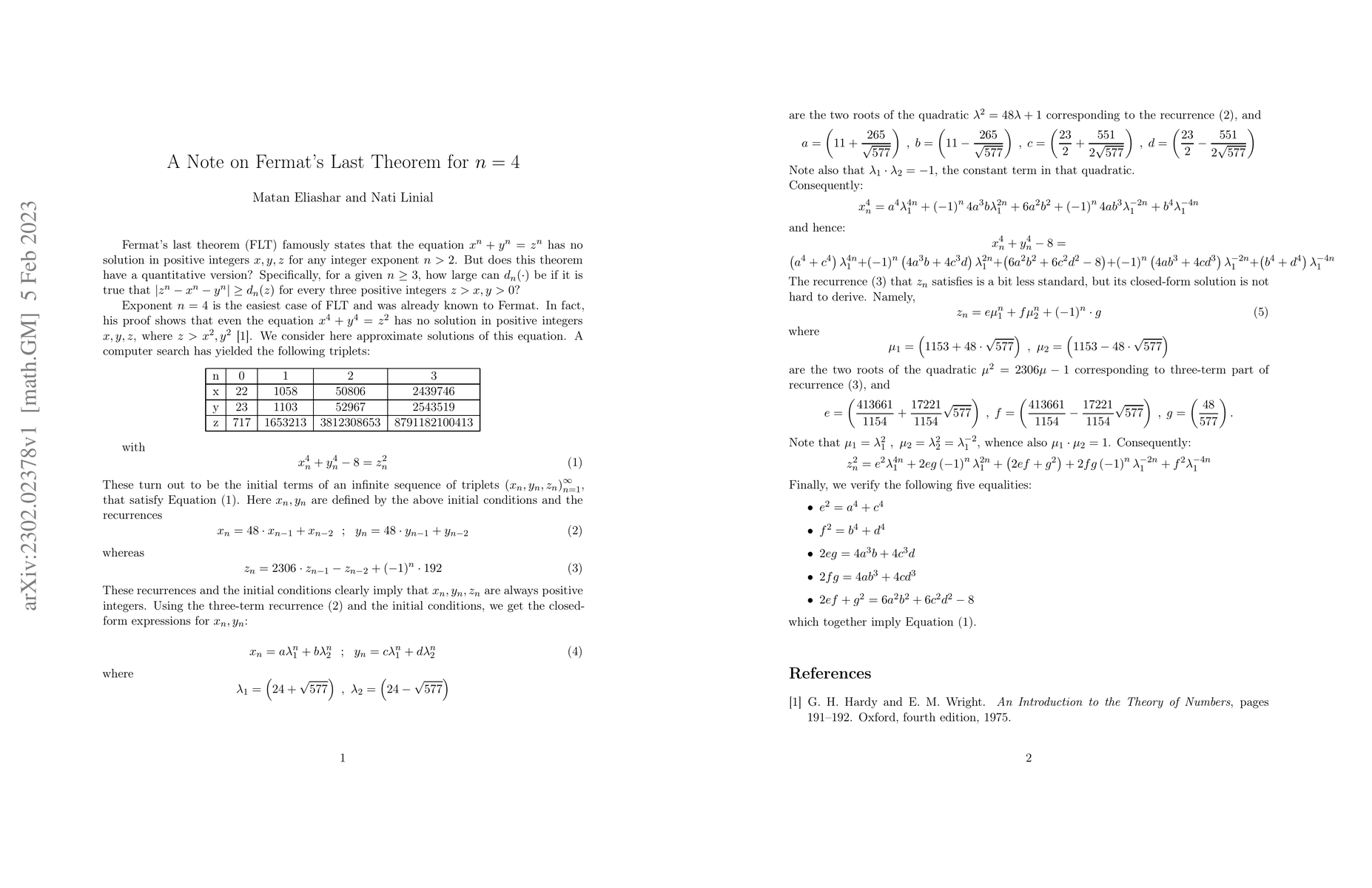 Thumbnail for A note on Fermat's Last Theorem for $n=4$