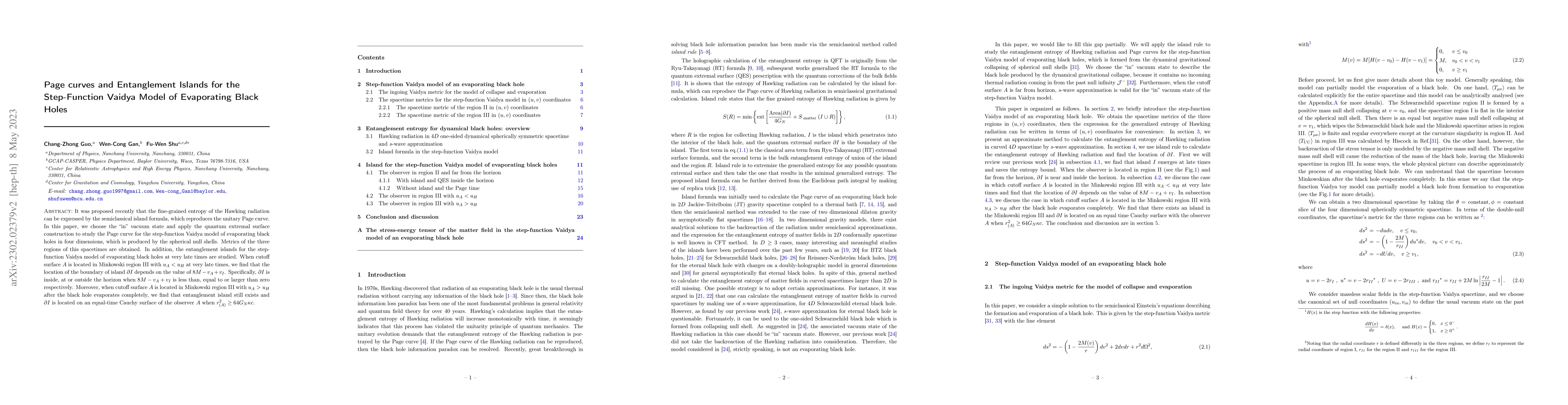Thumbnail for Page curves and Entanglement Islands for the Step-Function Vaidya Model
  of Evaporating Black Holes