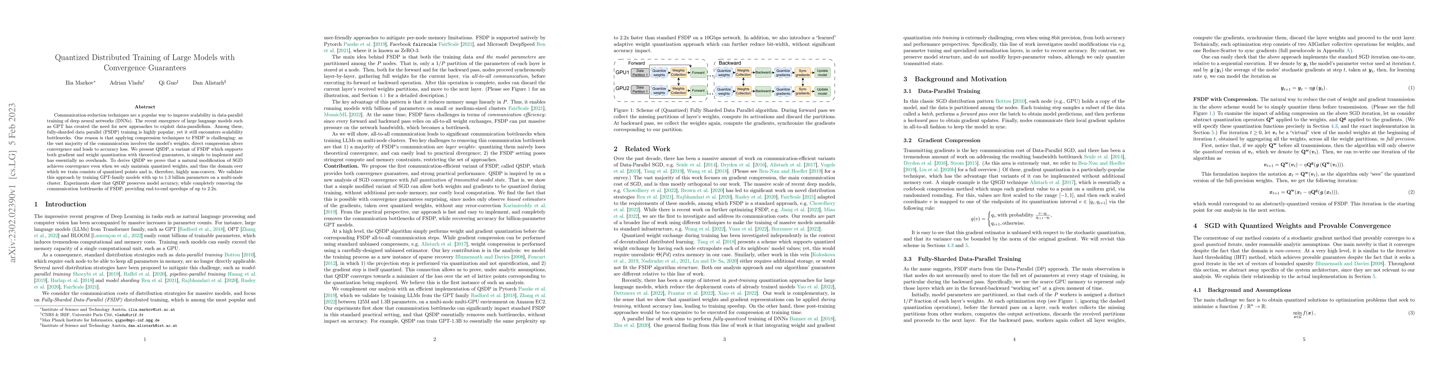 Thumbnail for Quantized Distributed Training of Large Models with Convergence
  Guarantees
