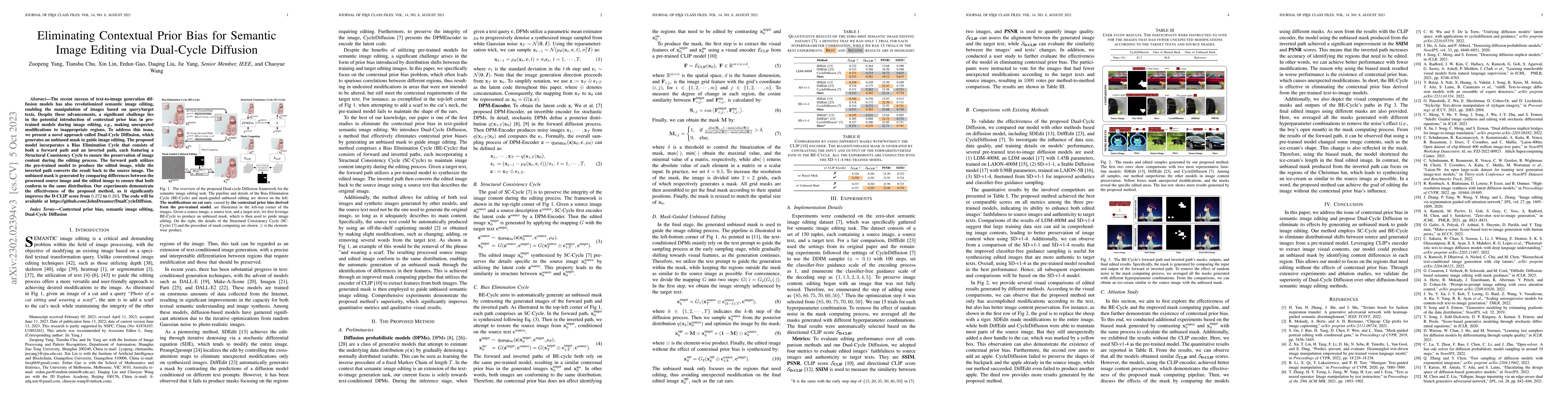 Thumbnail for Eliminating Contextual Prior Bias for Semantic Image Editing via
  Dual-Cycle Diffusion