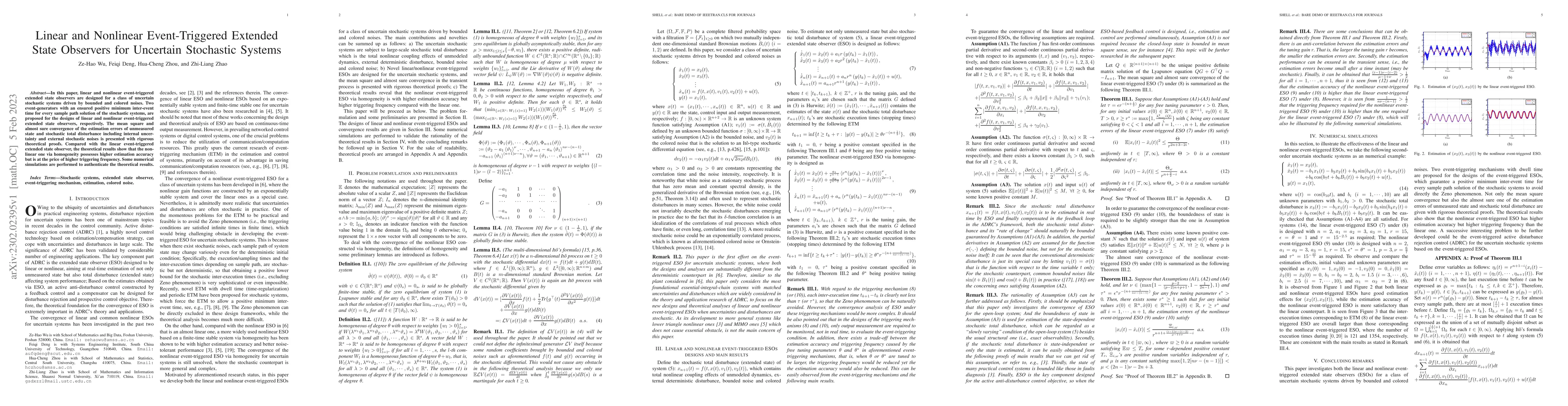 Thumbnail for Linear and Nonlinear Event-Triggered Extended State Observers for
  Uncertain Stochastic Systems