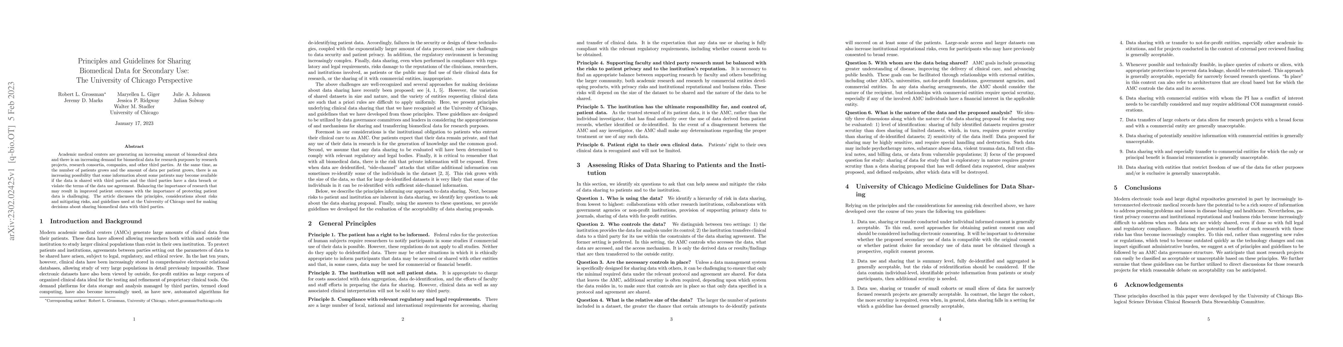 Thumbnail for Principles and Guidelines for Sharing Biomedical Data for Secondary Use:
  The University of Chicago Perspective