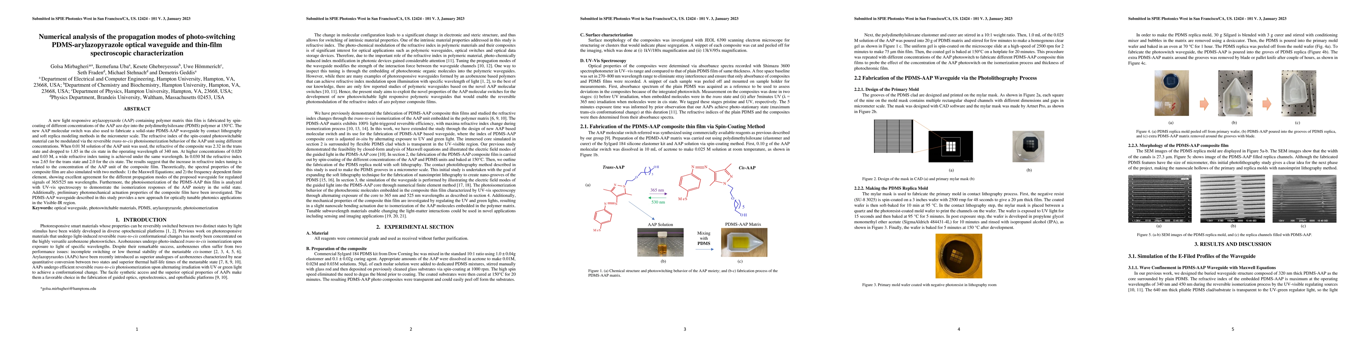 Thumbnail for Numerical analysis of the propagation modes of photo-switching
  PDMS-arylazopyrazole optical waveguide and thin-film spectroscopic
  characterization