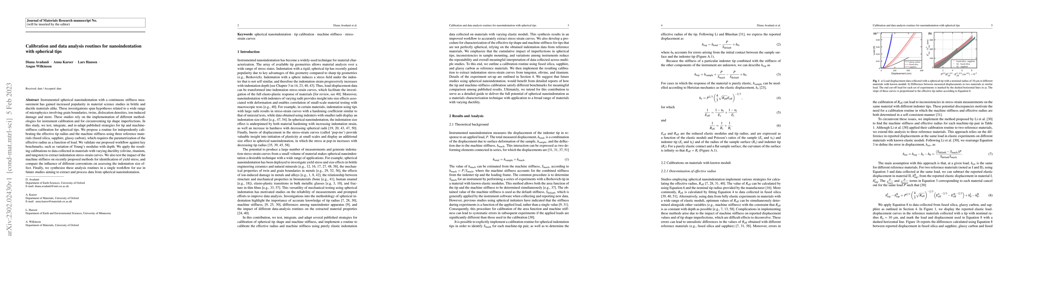 Thumbnail for Calibration and data analysis routines for nanoindentation with
  spherical tips