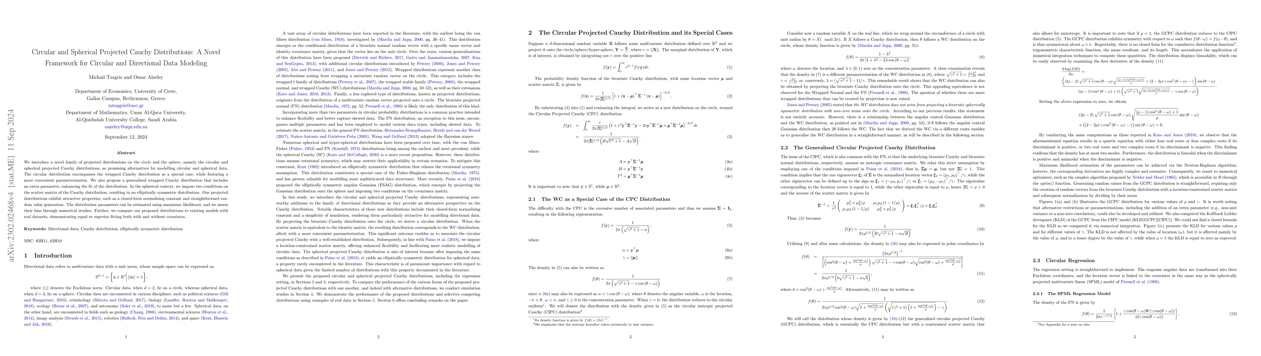 Thumbnail for Circular and Spherical Projected Cauchy Distributions: A Novel Framework
  for Circular and Directional Data Modeling