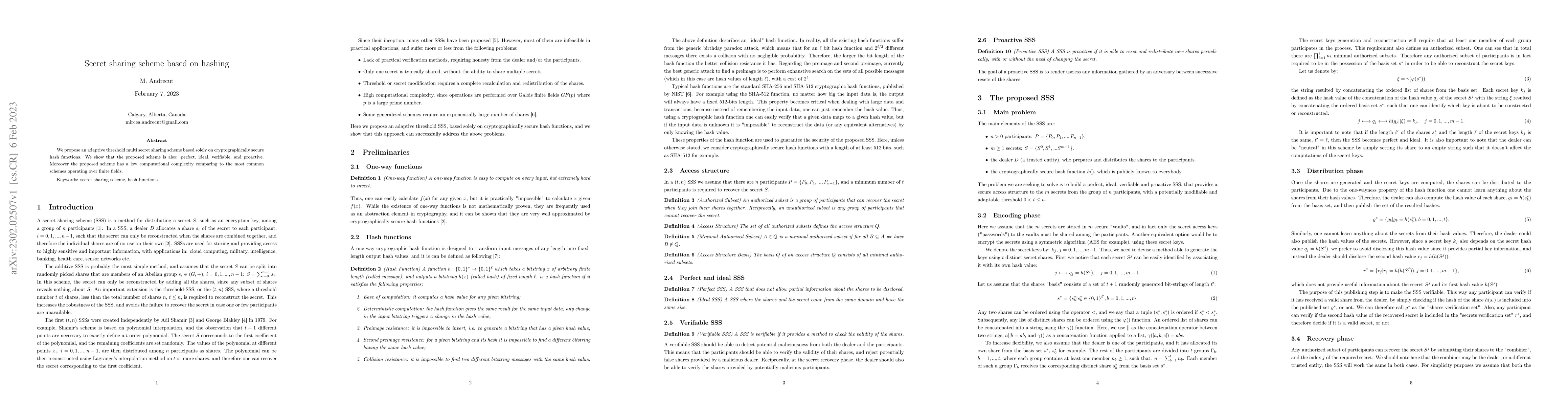 Thumbnail for Secret sharing scheme based on hashing