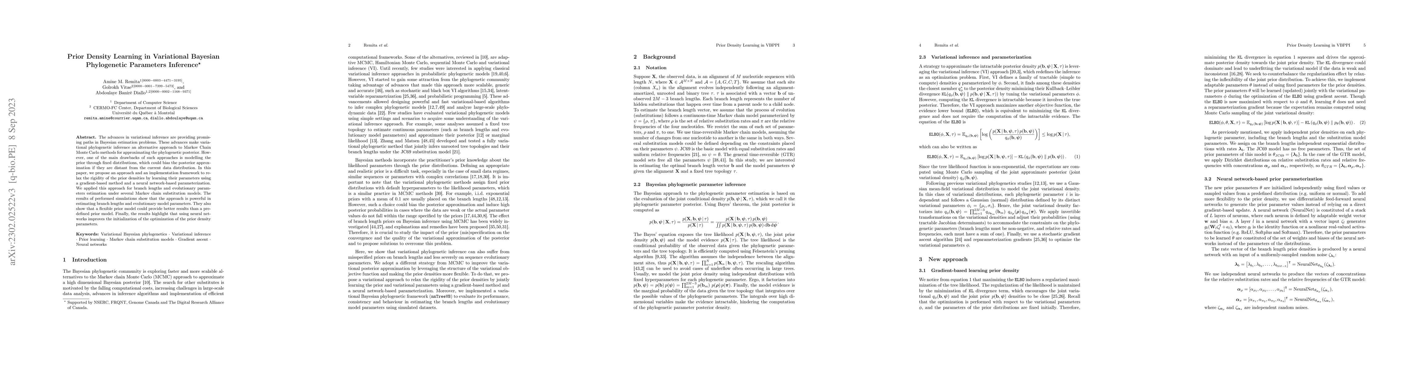 Thumbnail for Prior Density Learning in Variational Bayesian Phylogenetic Parameters
  Inference
