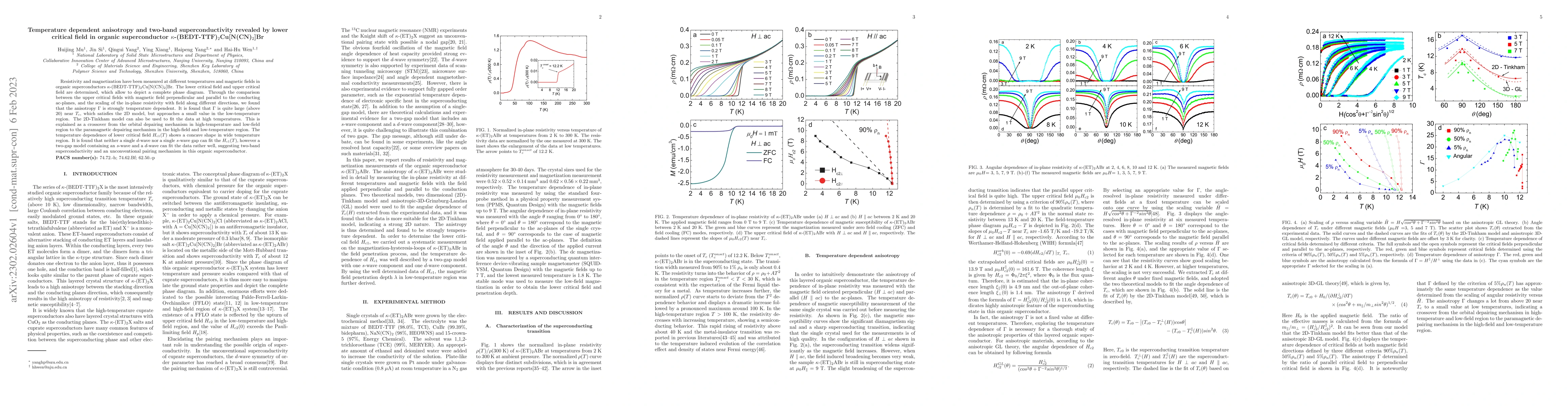 Thumbnail for Temperature dependent anisotropy and two-band superconductivity revealed
  by lower critical field in organic superconductor
  $\kappa$-(BEDT-TTF)$_{2}$Cu[N(CN)$_{2}$]Br