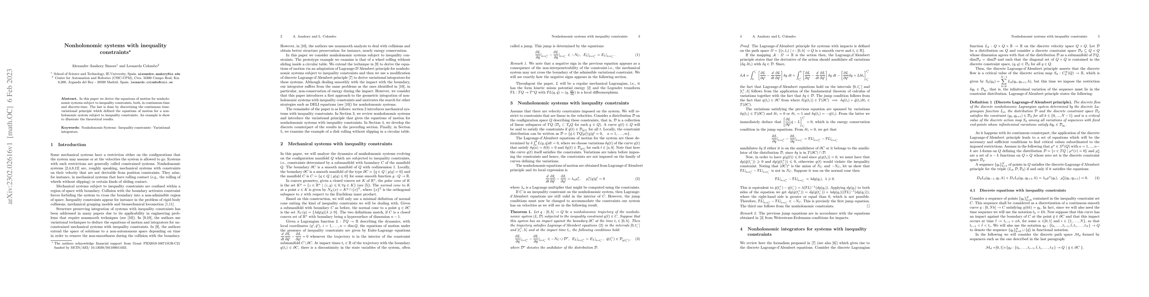 Thumbnail for Nonholonomic systems with inequality constraints