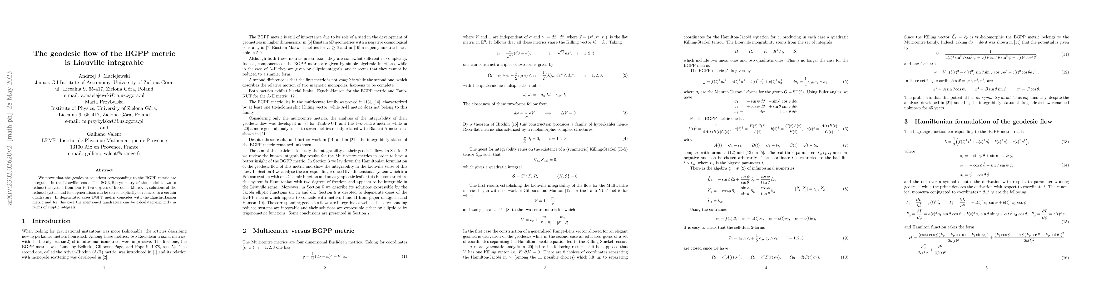 Thumbnail for The geodesic flow of the BGPP metric is Liouville integrable