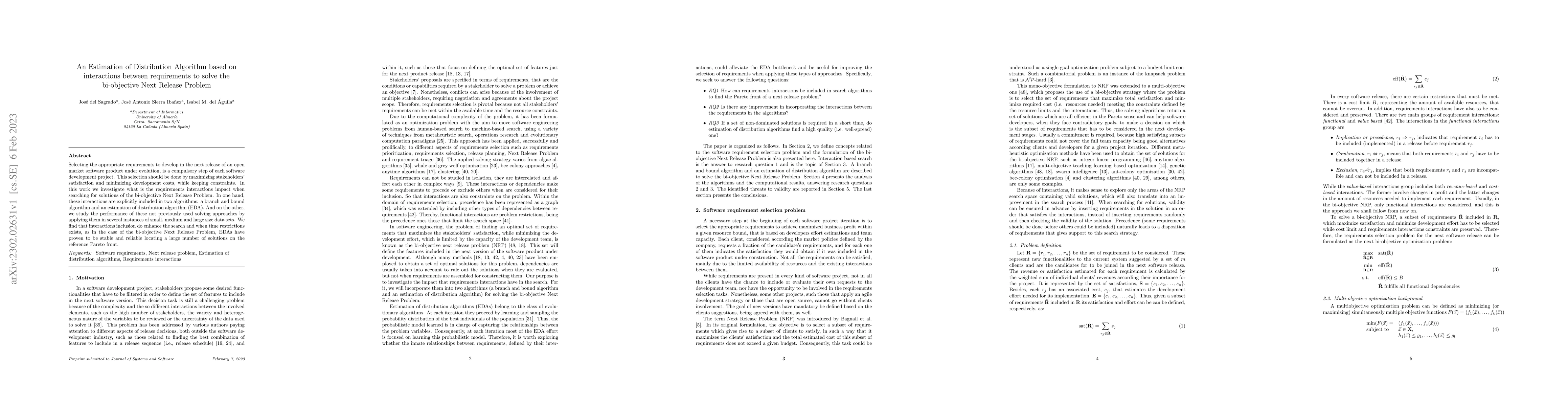 Thumbnail for An Estimation of Distribution Algorithm based on interactions between
  requirements to solve the bi-objective Next Release Problem