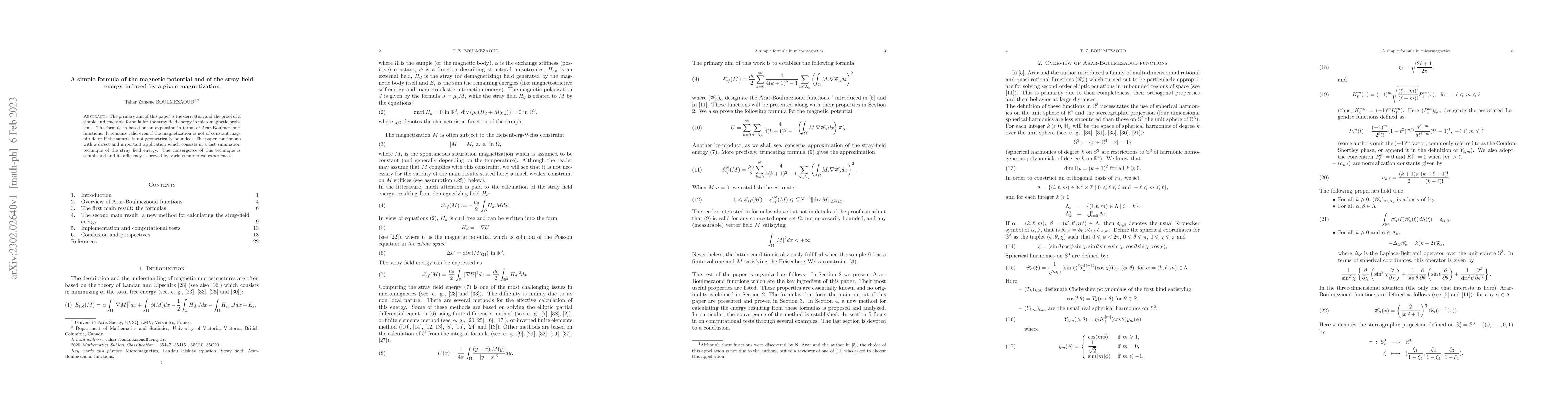 Thumbnail for A simple formula of the magnetic potential and of the stray field energy
  induced by a given magnetization