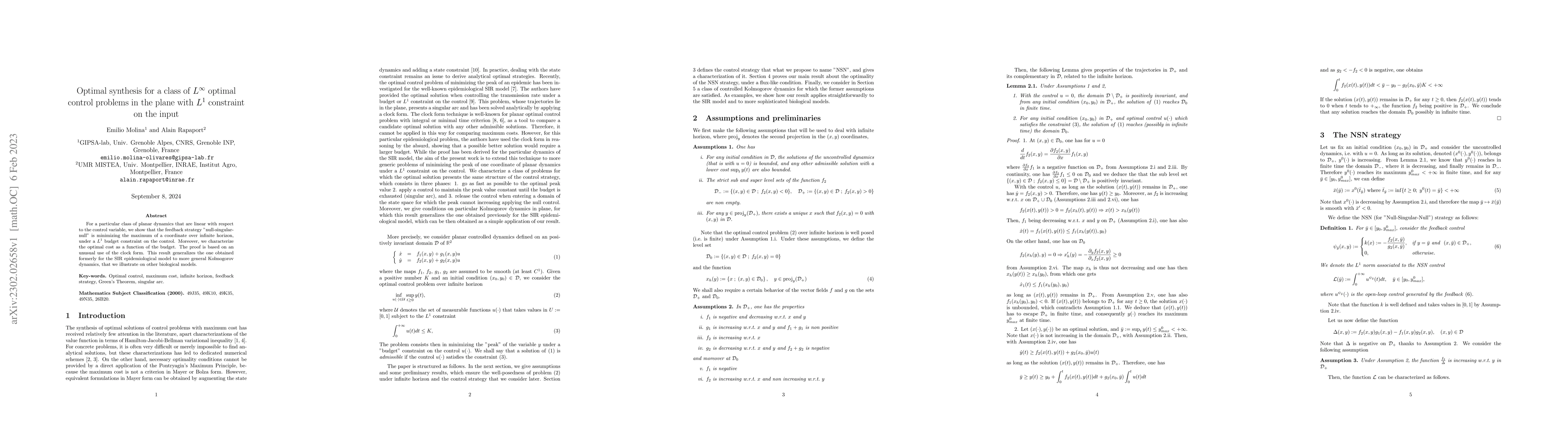 Thumbnail for Optimal synthesis for a class of L $\infty$ optimal control problems in
  the plane with L 1 constraint on the input