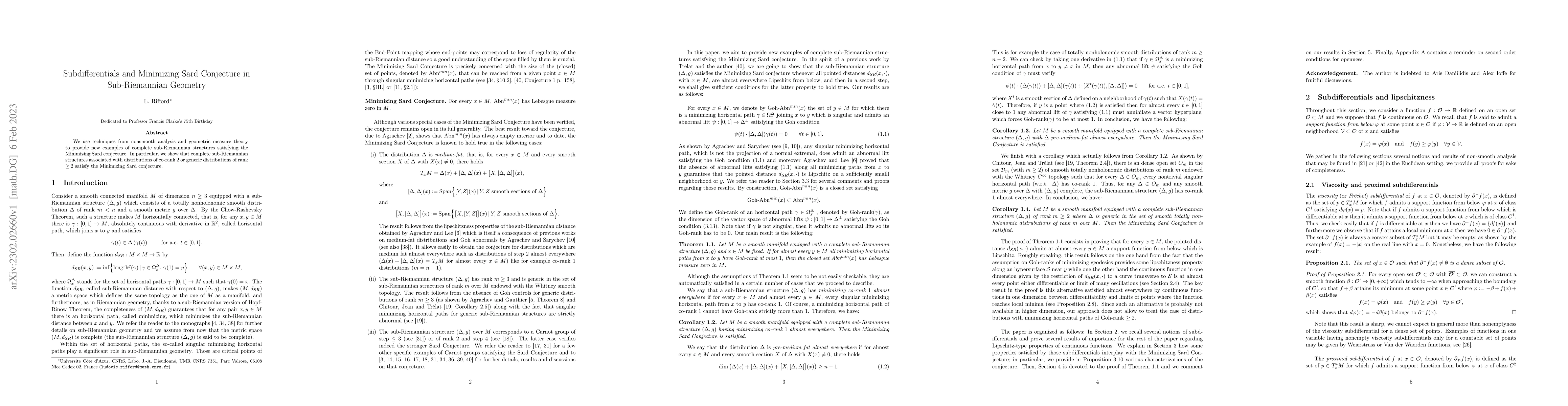 Thumbnail for Subdifferentials and Minimizing Sard Conjecture in Sub-Riemannian
  Geometry
