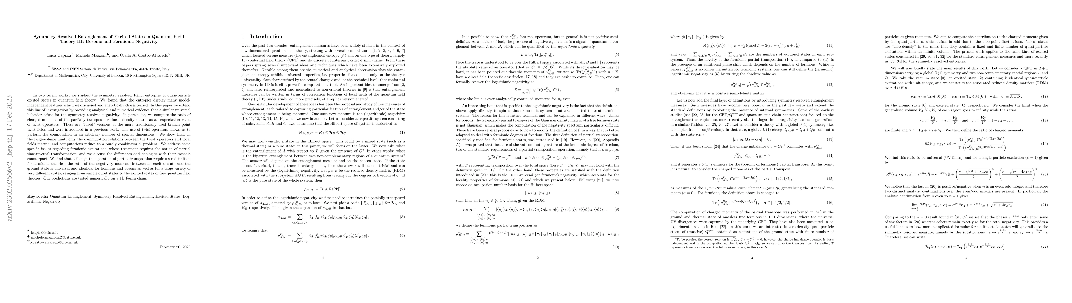 Thumbnail for Symmetry Resolved Entanglement of Excited States in Quantum Field Theory
  III: Bosonic and Fermionic Negativity