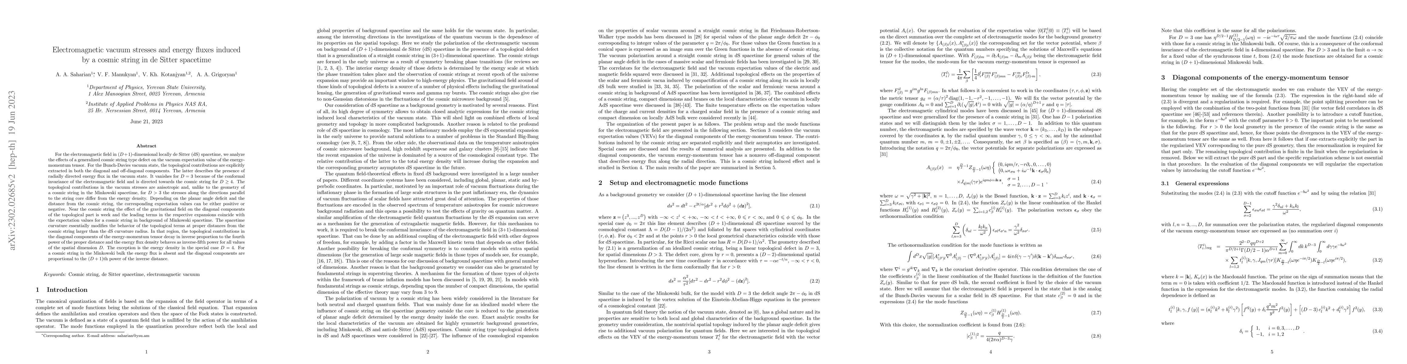 Thumbnail for Electromagnetic vacuum stresses and energy fluxes induced by a cosmic
  string in de Sitter spacetime