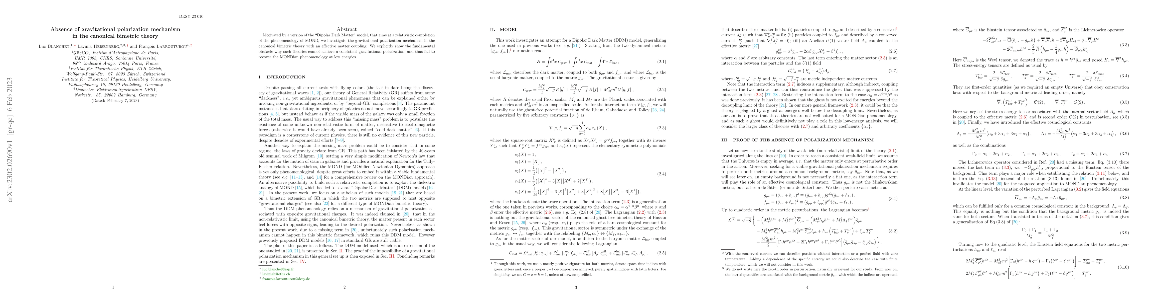 Thumbnail for Absence of gravitational polarization mechanism in the canonical
  bimetric theory