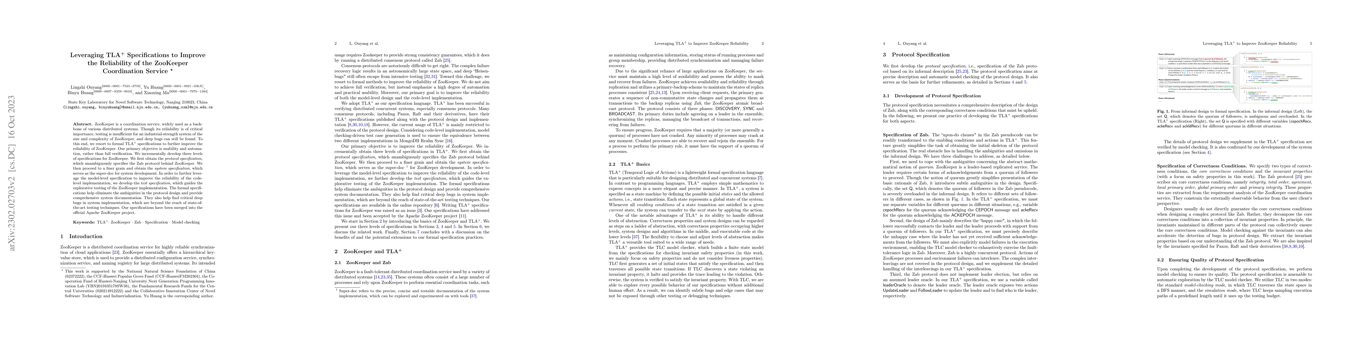 Thumbnail for Leveraging TLA+ Specifications to Improve the Reliability of the
  ZooKeeper Coordination Service