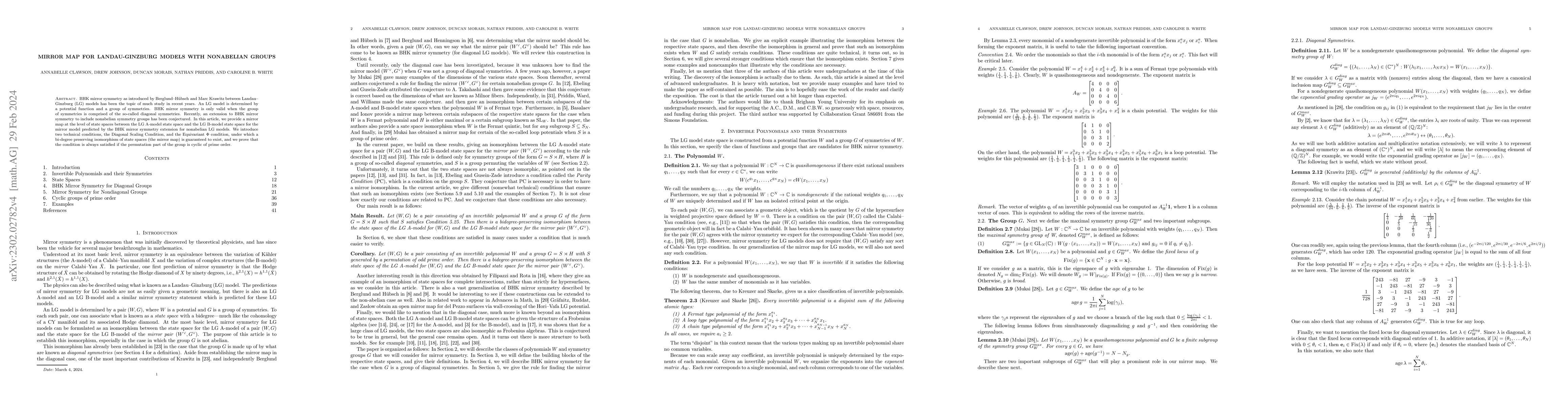 Thumbnail for Mirror Map for Landau-Ginzburg models with nonabelian groups