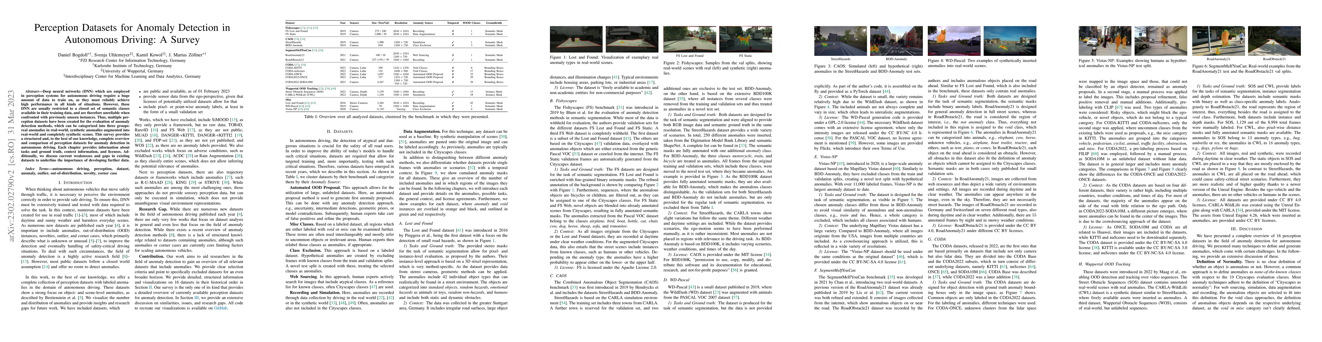 Thumbnail for Perception Datasets for Anomaly Detection in Autonomous Driving: A
  Survey