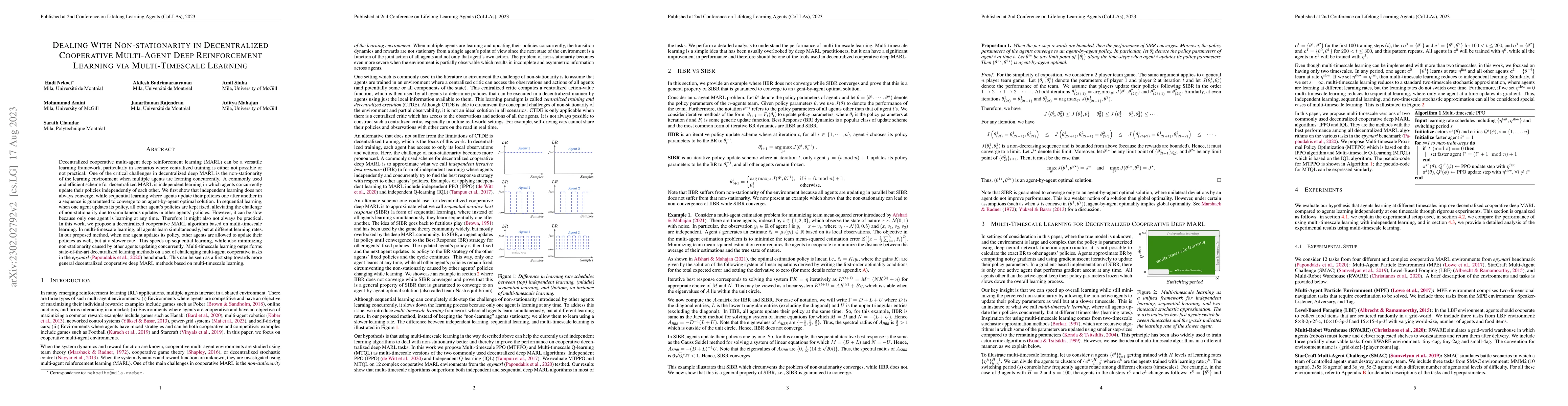 Thumbnail for Dealing With Non-stationarity in Decentralized Cooperative Multi-Agent
  Deep Reinforcement Learning via Multi-Timescale Learning