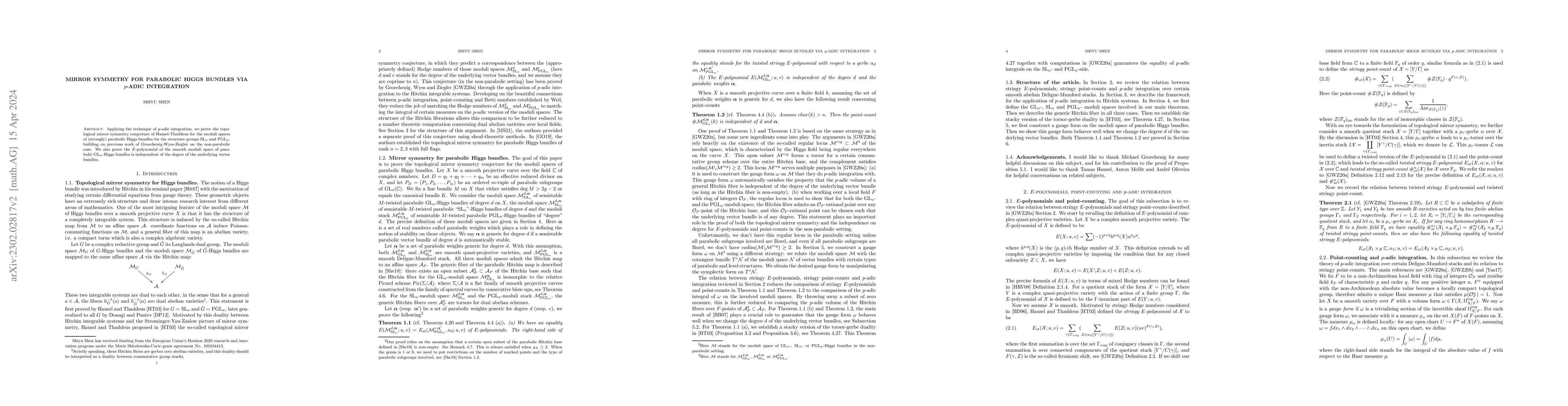 Thumbnail for Mirror symmetry for parabolic Higgs bundles via $p$-adic integration