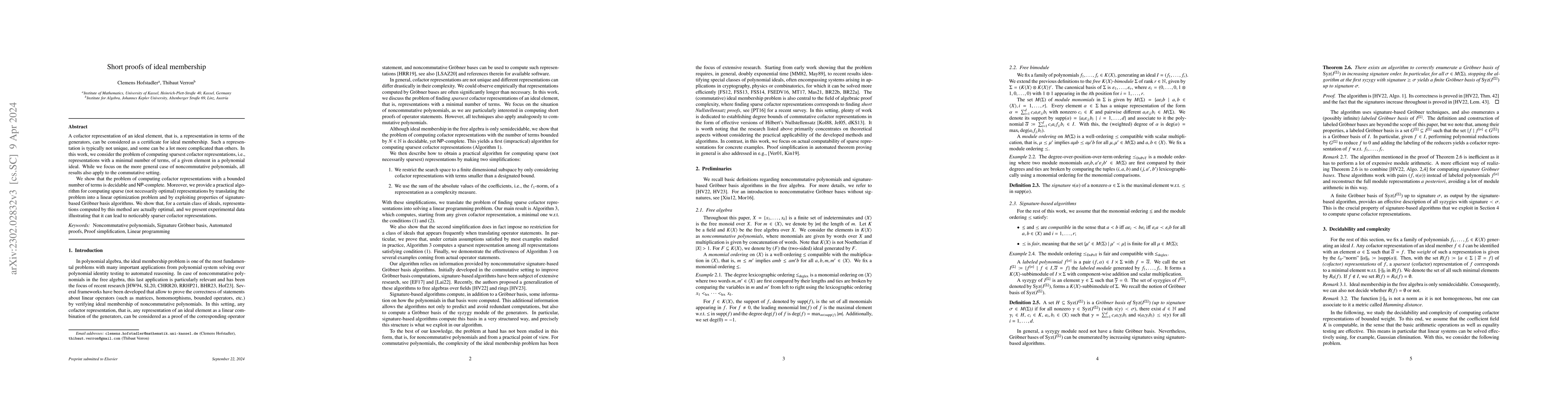 Thumbnail for Short proofs of ideal membership